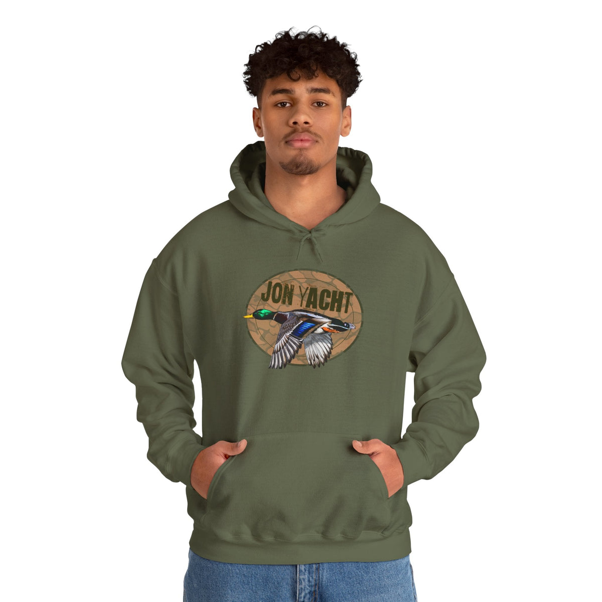 Man in an olive green cotton-polyester hoodie with a "Jon Yacht" logo and flying mallard duck graphic.