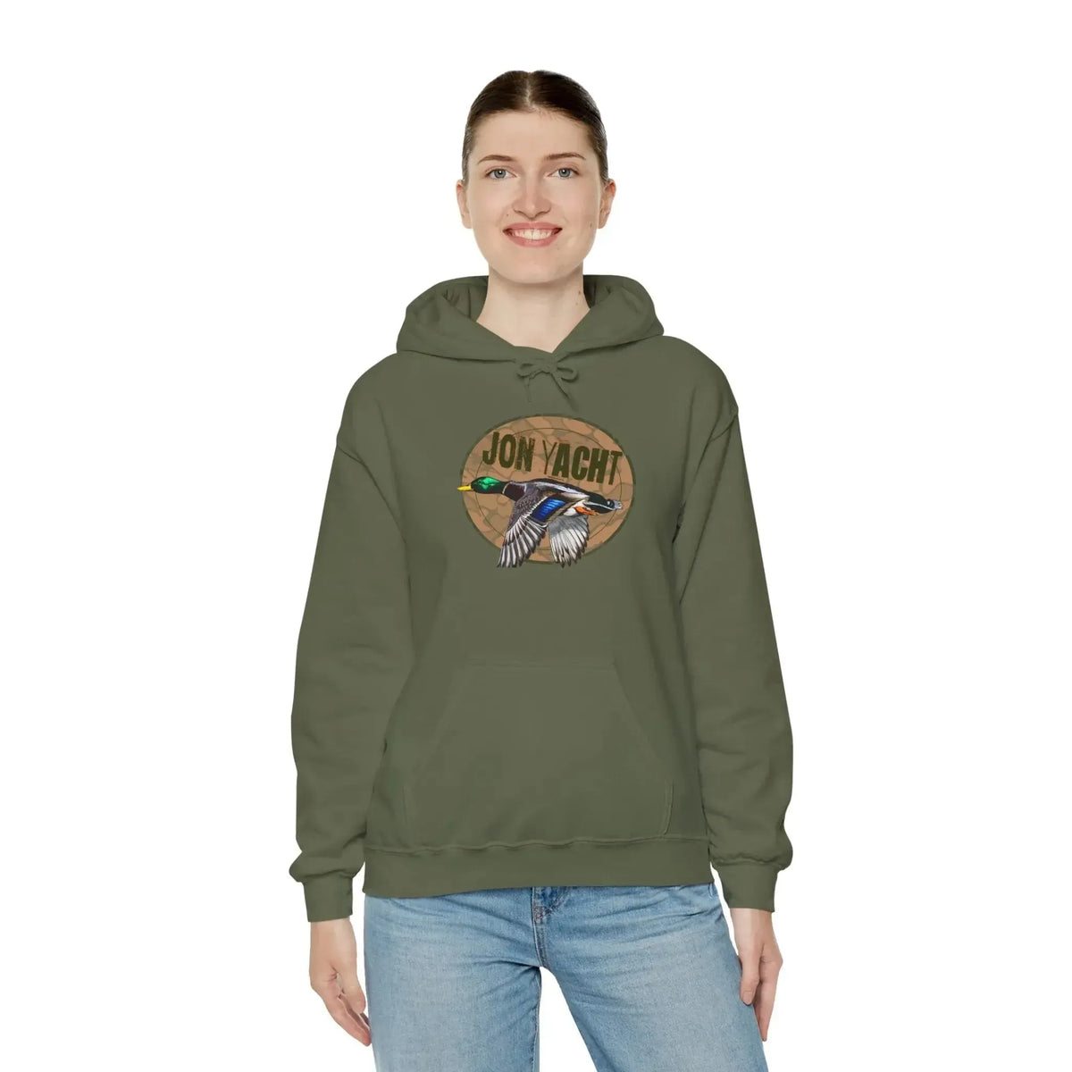 Olive green cotton-polyester hoodie with a flying mallard duck and "JON YACHT" graphic.