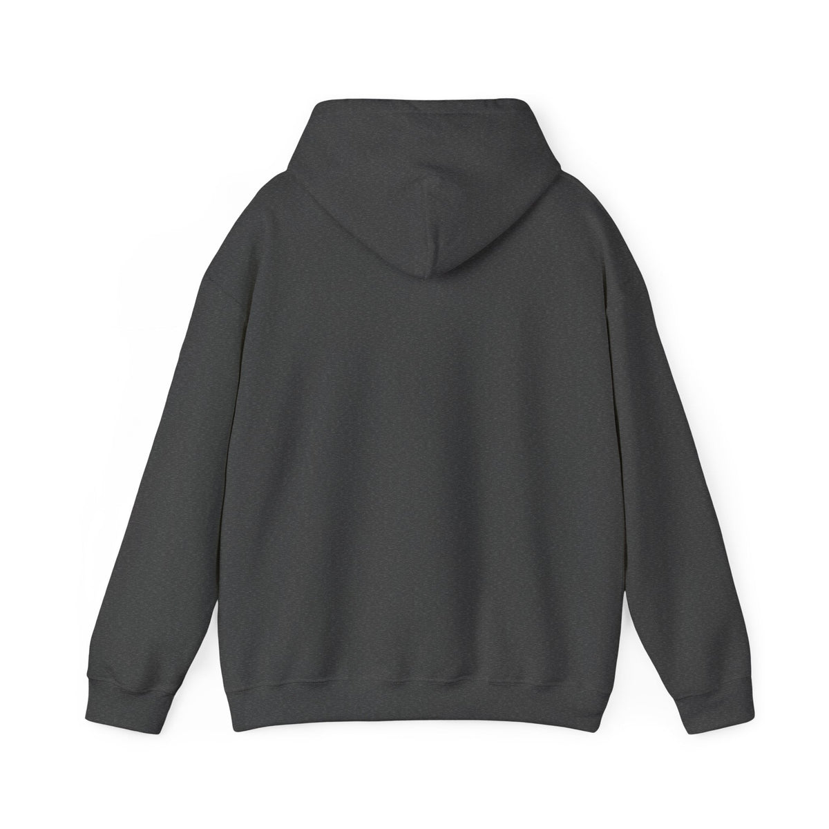 Back view of a classic fit charcoal gray cotton-polyester hoodie with a drawstring hood.