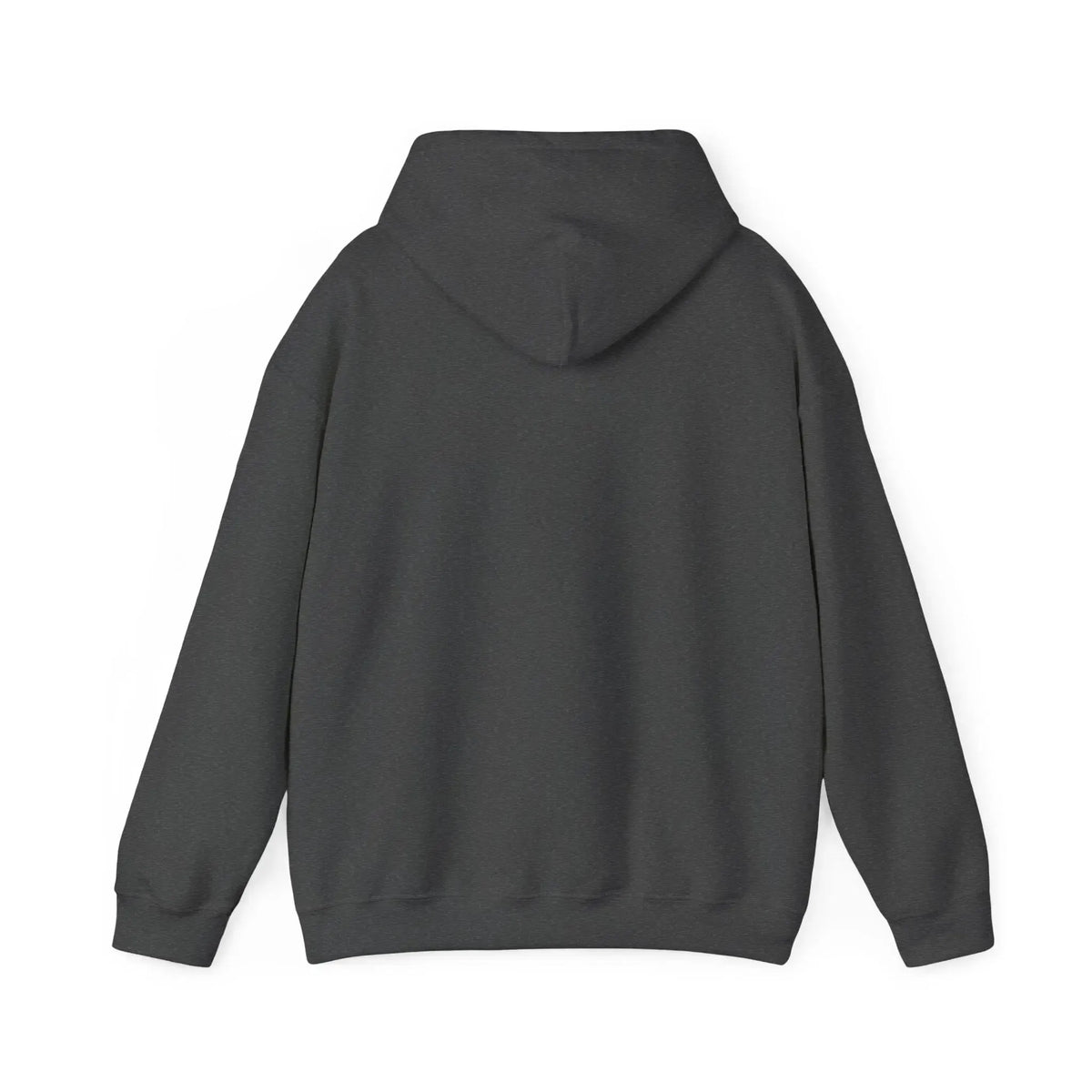 Back view of a classic fit charcoal gray cotton-polyester hoodie with a drawstring hood.