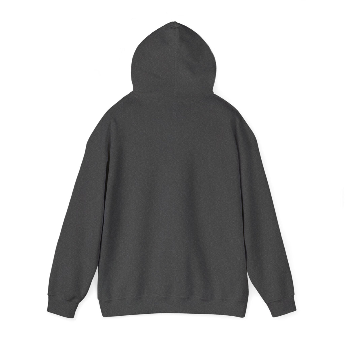 Back view of a dark gray, classic fit, cotton-polyester blend hoodie with a spacious hood.