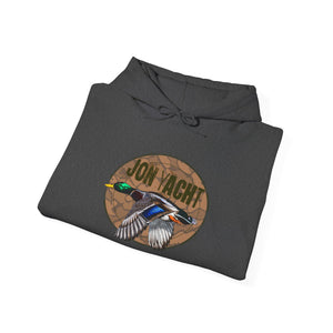 Dark gray cotton-polyester hoodie with a brown circular graphic featuring a flying mallard duck and "JON YACHT" text.