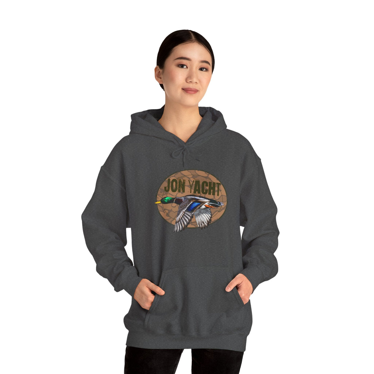 Charcoal gray cotton-polyester hoodie with a flying mallard duck and "JON YACHT" graphic.