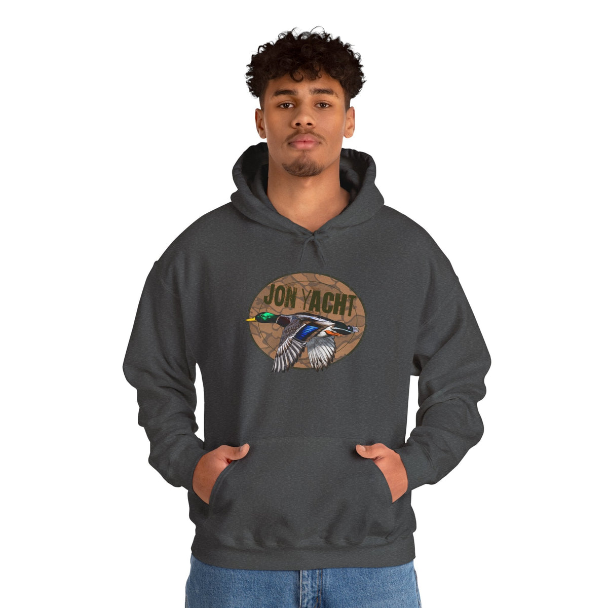 Charcoal gray cotton-polyester hoodie with a "JON YACHT" logo and a flying mallard duck graphic.