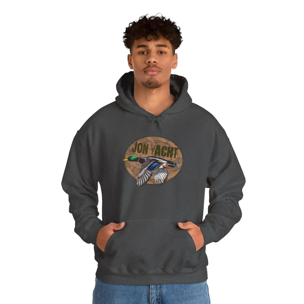 Charcoal gray cotton-polyester hoodie with a "JON YACHT" logo and a flying mallard duck graphic.