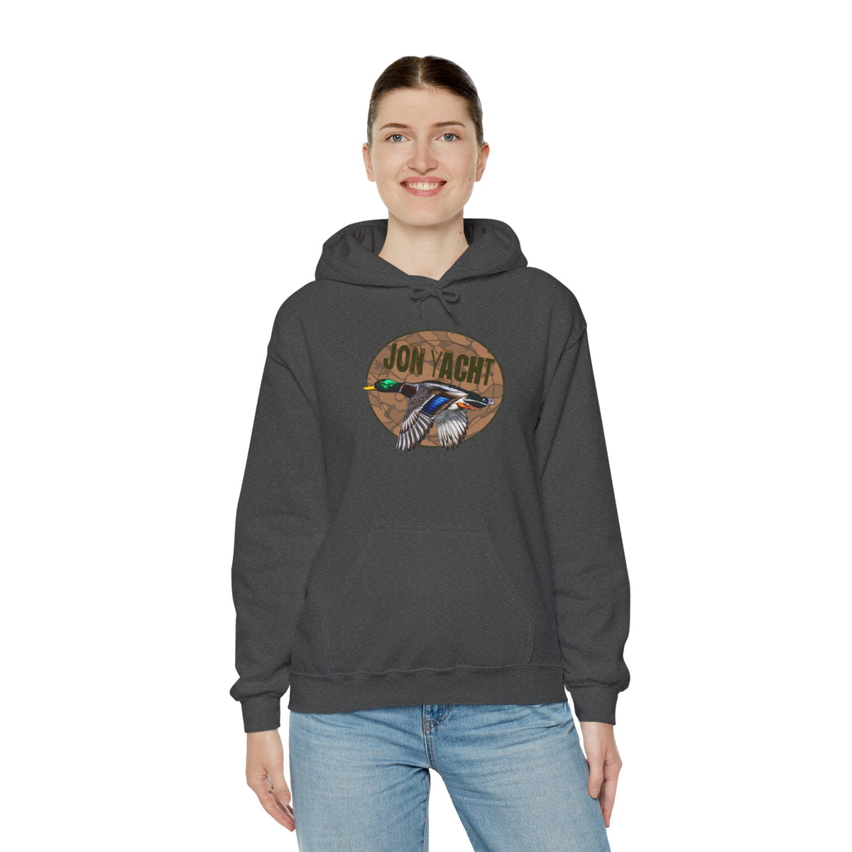 Charcoal gray cotton-polyester hoodie with a flying mallard duck and "JON YACHT" graphic.