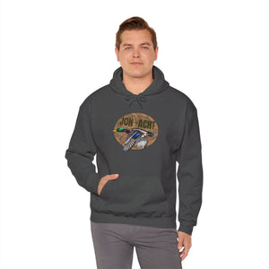 Dark gray cotton-polyester hoodie with a "Jon Yacht" logo featuring a flying mallard duck.