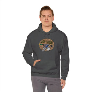 Dark gray cotton-polyester hoodie with a "Jon Yacht" logo featuring a flying mallard duck.