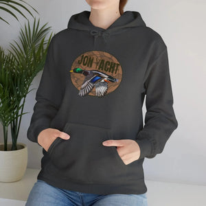 Dark gray cotton-polyester hoodie with a flying mallard duck and "JON YACHT" graphic.