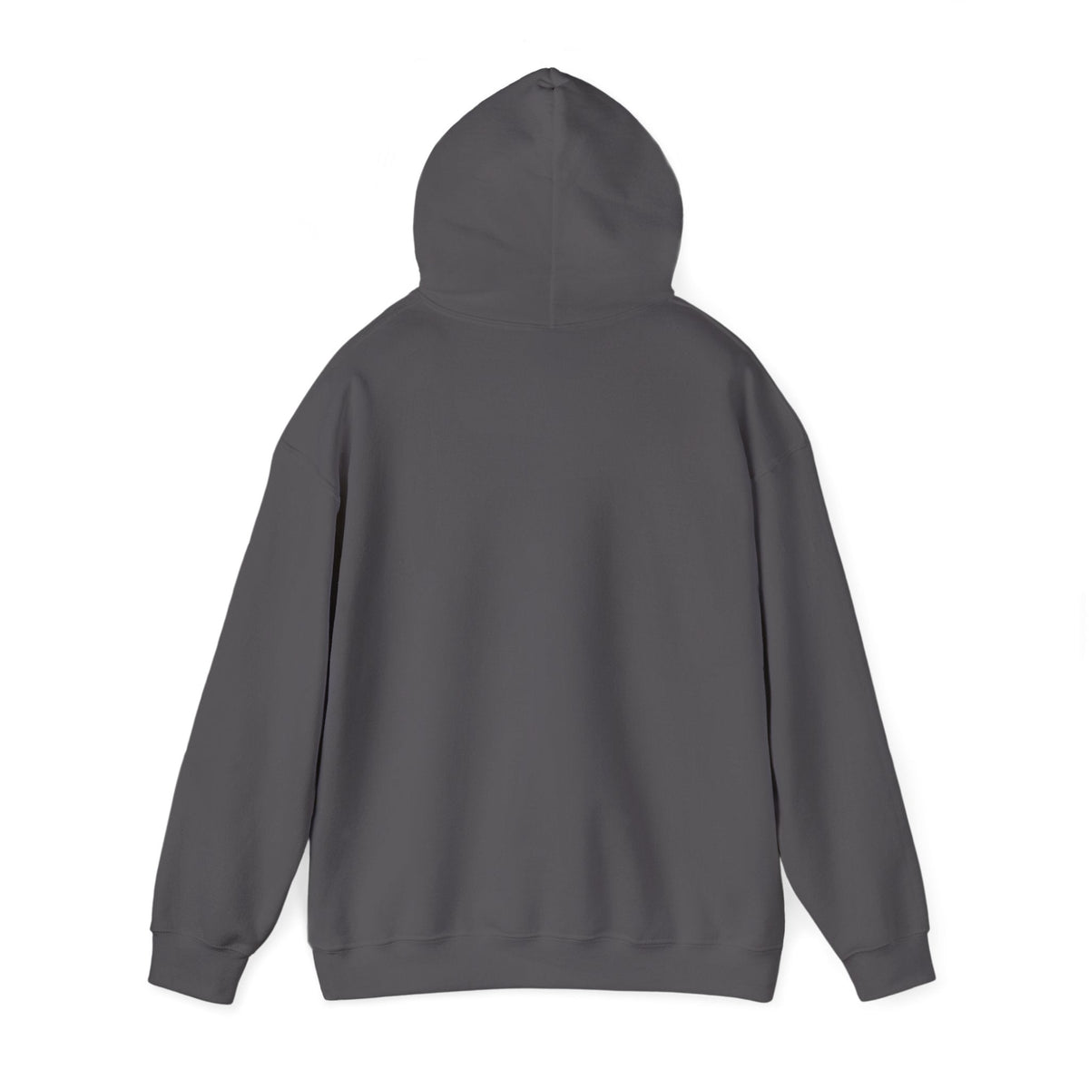 Back of a dark gray, classic fit, cotton-polyester blend hoodie with a matching drawstring hood.
