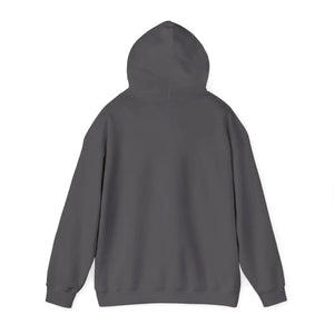 Back of a dark gray, classic fit, cotton-polyester blend hoodie with a matching drawstring hood.