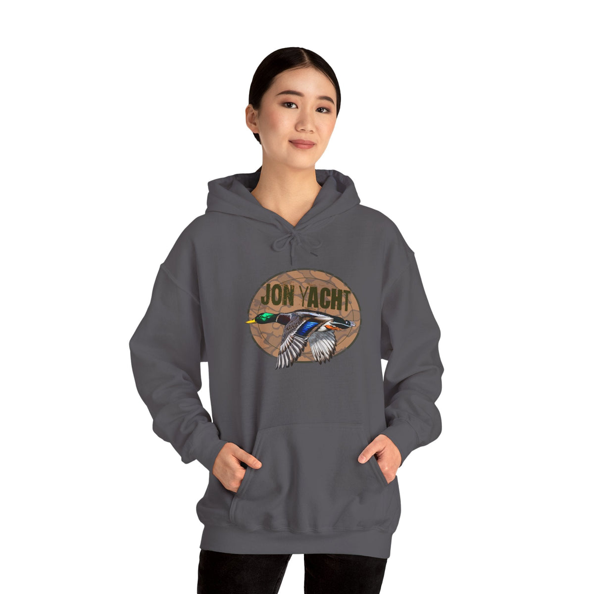 Woman wearing a charcoal gray cotton-polyester hoodie with a "JON YACHT" mallard duck graphic.