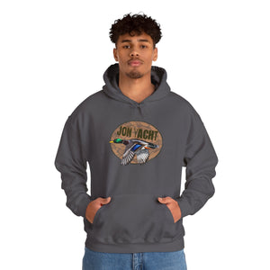 Man wearing a charcoal gray cotton-polyester hoodie with a "JON YACHT" duck graphic and kangaroo pocket.