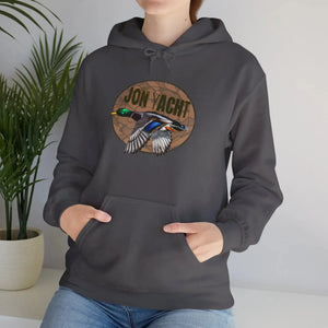 Dark gray cotton-polyester hoodie with a "JON YACHT" mallard duck graphic and kangaroo pocket.
