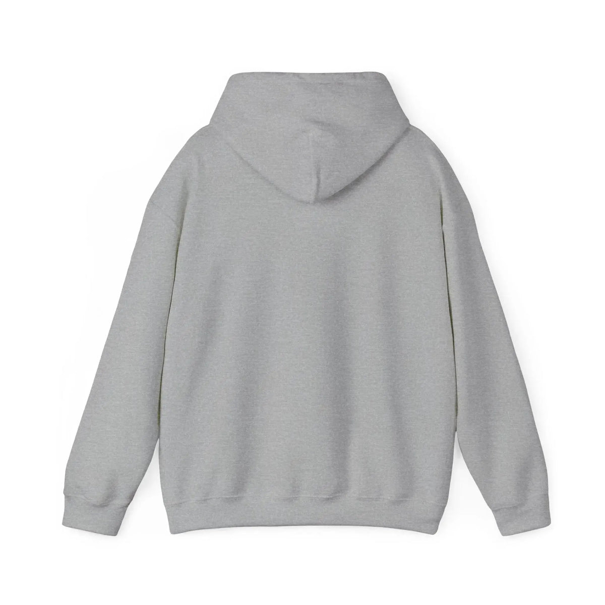 Back view of a classic fit, medium-heavy gray cotton-polyester hoodie with a spacious hood.