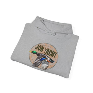 Gray cotton-polyester hoodie with a "JON YACHT" logo and a flying mallard duck graphic.