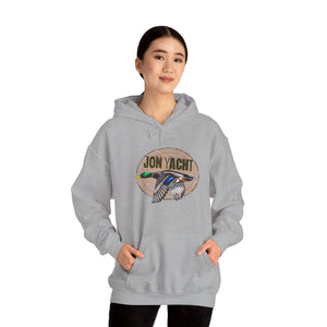 Woman wearing a gray cotton-polyester hoodie with a "JON YACHT" logo and a flying mallard duck graphic.