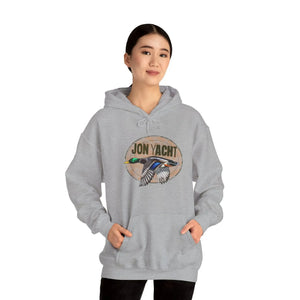 Woman wearing a gray cotton-polyester hoodie with a "JON YACHT" logo and a flying mallard duck graphic.