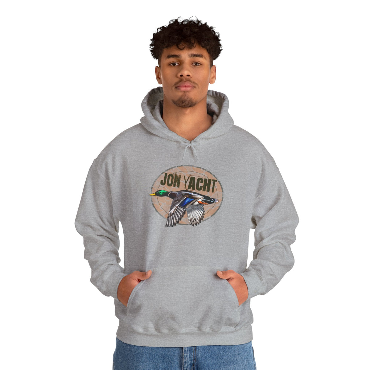 Man in a gray cotton-polyester hoodie with a "JON YACHT" logo and flying mallard duck graphic.