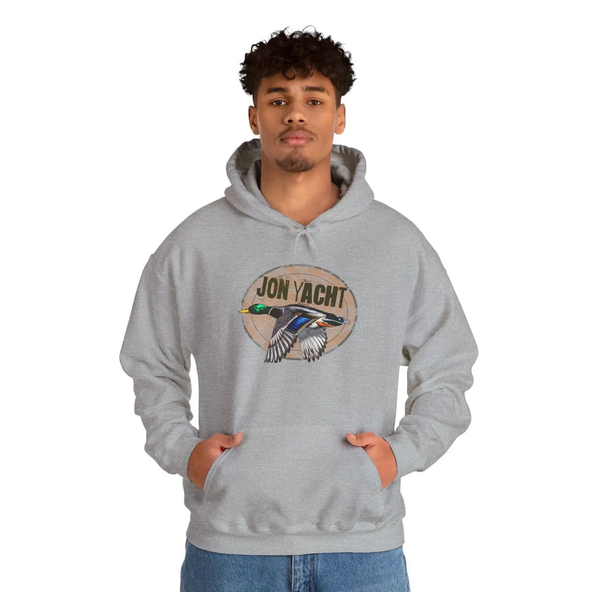 Man in a gray cotton-polyester hoodie with a "JON YACHT" logo and flying mallard duck graphic.