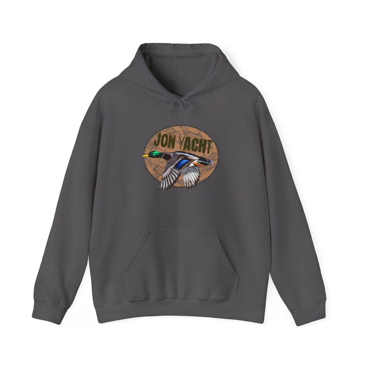 Charcoal gray cotton-polyester hoodie with a flying mallard duck graphic and "JON YACHT" text.