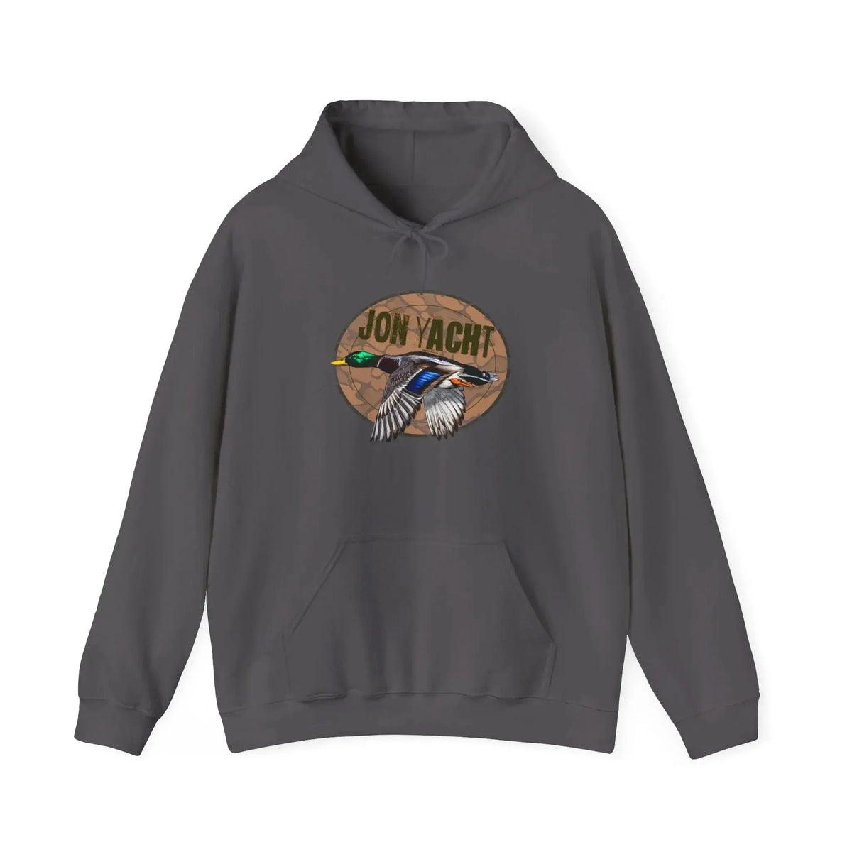 Charcoal gray cotton-polyester hoodie with a flying mallard duck graphic and "JON YACHT" text.