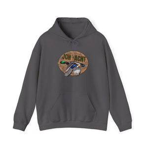 Charcoal gray cotton-polyester hoodie with a flying mallard duck graphic and "JON YACHT" text.