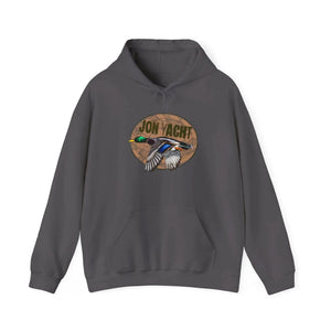 Charcoal gray cotton-polyester hoodie with a flying mallard duck graphic and "JON YACHT" text.