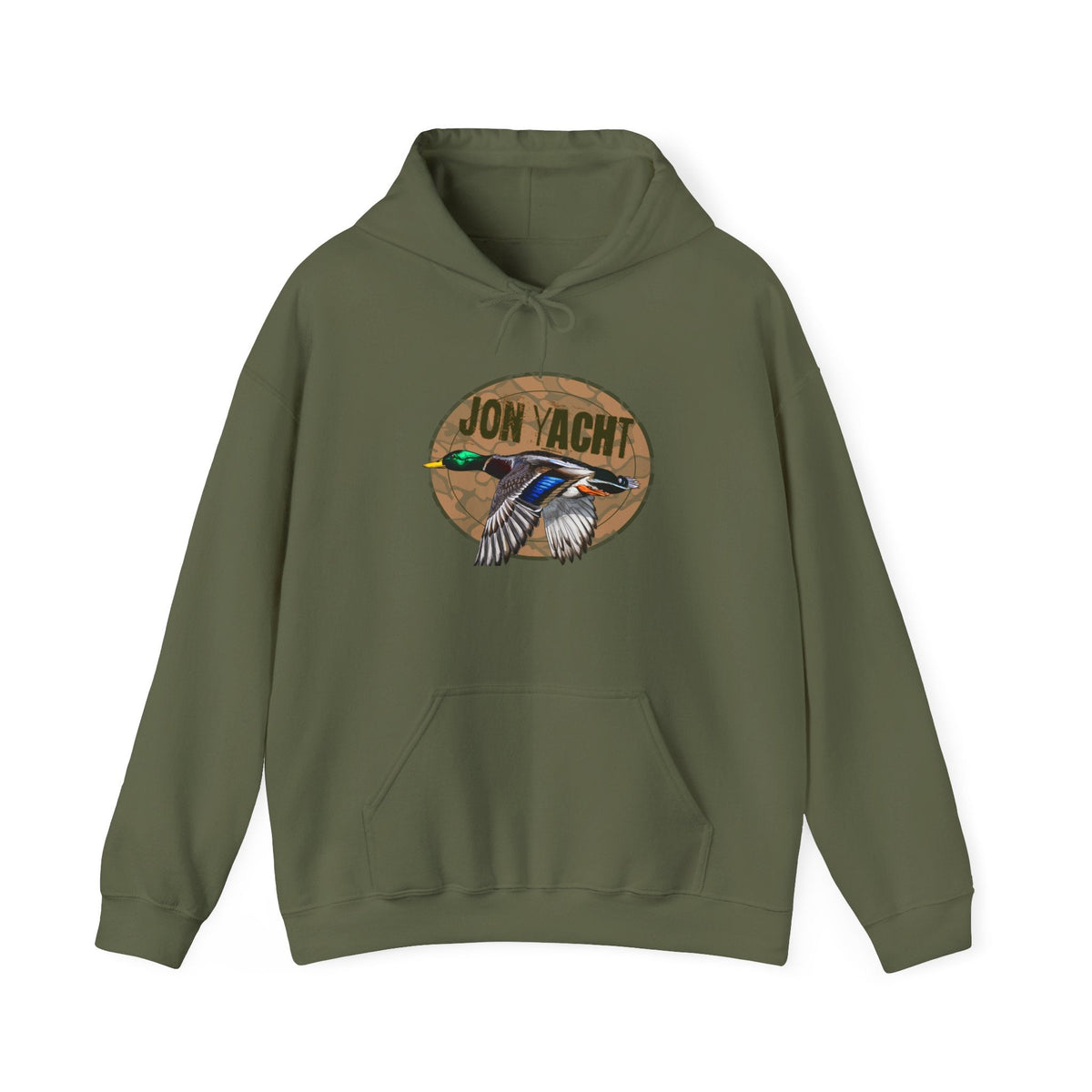 Olive green cotton-polyester hoodie with a flying mallard duck graphic and "JON YACHT" text on a wood-grain circle.