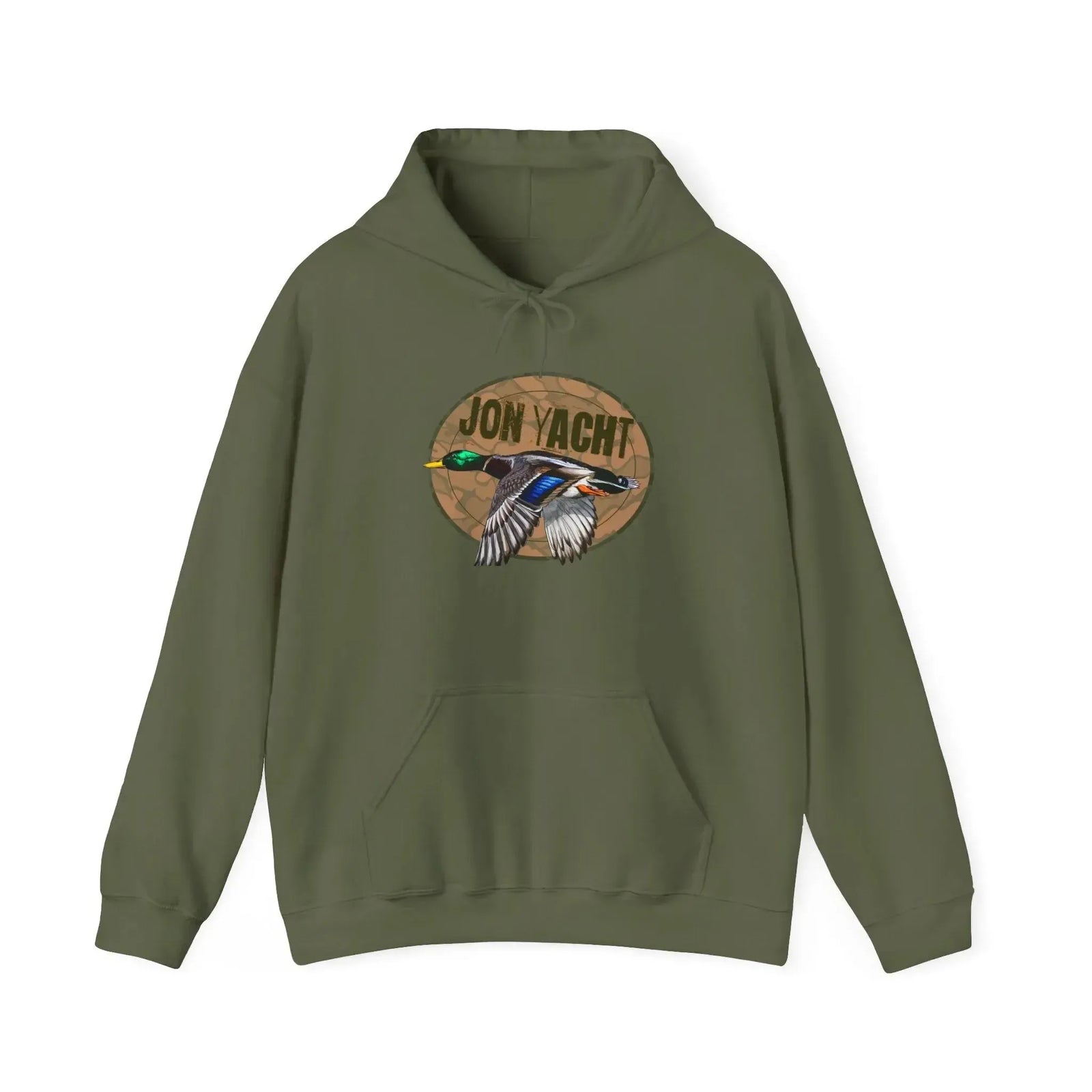 Light gray cotton-polyester hoodie with a "JON YACHT" logo and a flying mallard duck graphic.