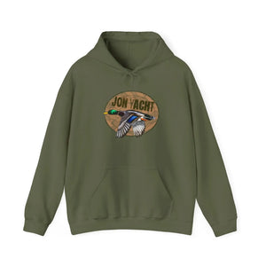 Olive green cotton-polyester hoodie with a flying mallard duck graphic and "JON YACHT" text on a wood-grain circle.