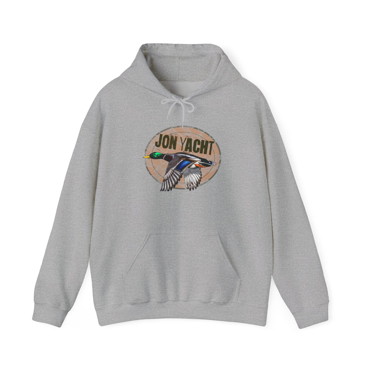 Light gray cotton-polyester hoodie with a "JON YACHT" logo and a flying mallard duck graphic.
