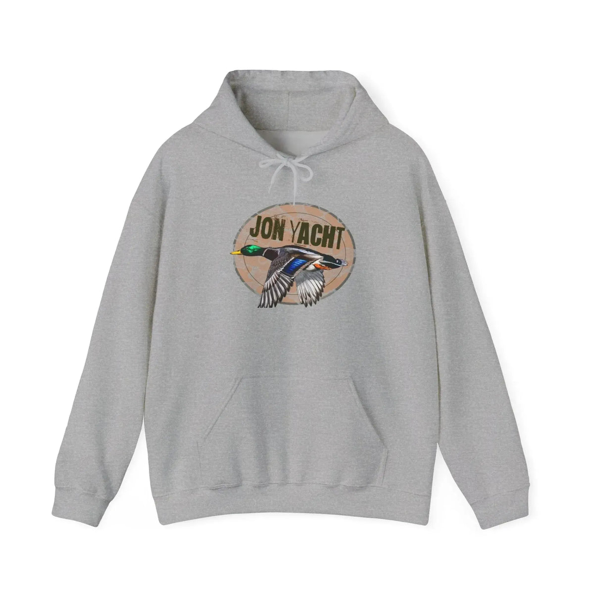 Light gray cotton-polyester hoodie with a "JON YACHT" logo and a flying mallard duck graphic.