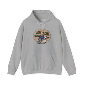 Light gray cotton-polyester hoodie with a "JON YACHT" logo and a flying mallard duck graphic.