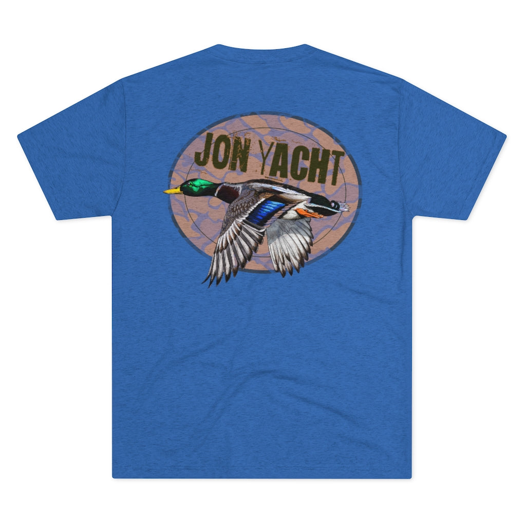 Blue tri-blend tee with "JON YACHT" text and a flying mallard duck graphic on the back.