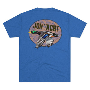Blue tri-blend tee with "JON YACHT" text and a flying mallard duck graphic on the back.