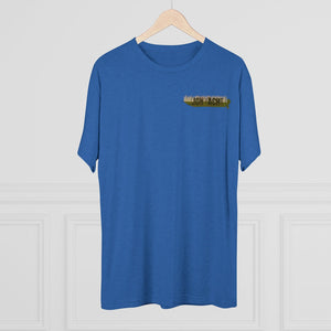 Blue tri-blend regular fit tee with "JON YACHT" graphic on left chest.