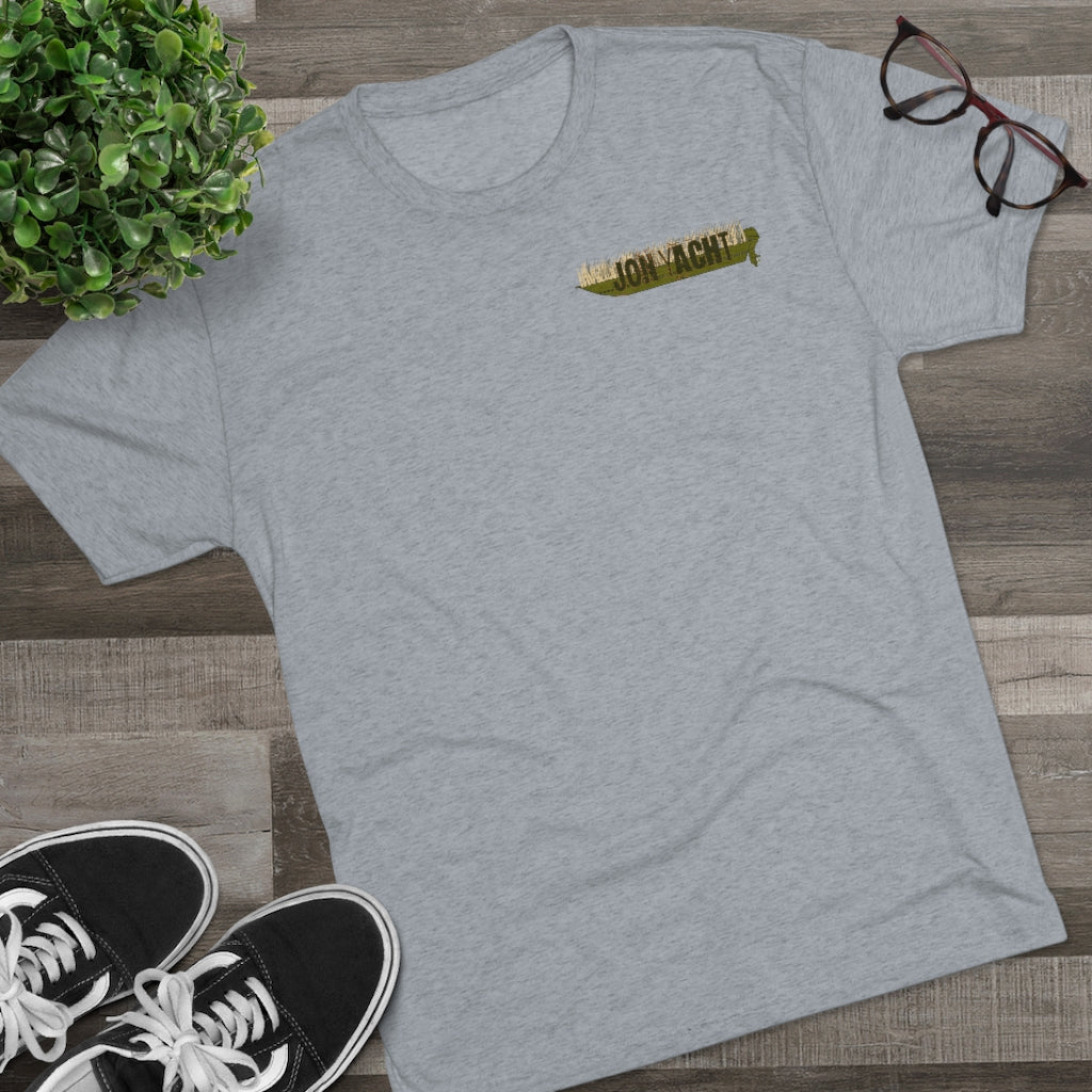 Light gray tri-blend tee with "Old School Duck Yacht" logo on chest, styled with sneakers and glasses.