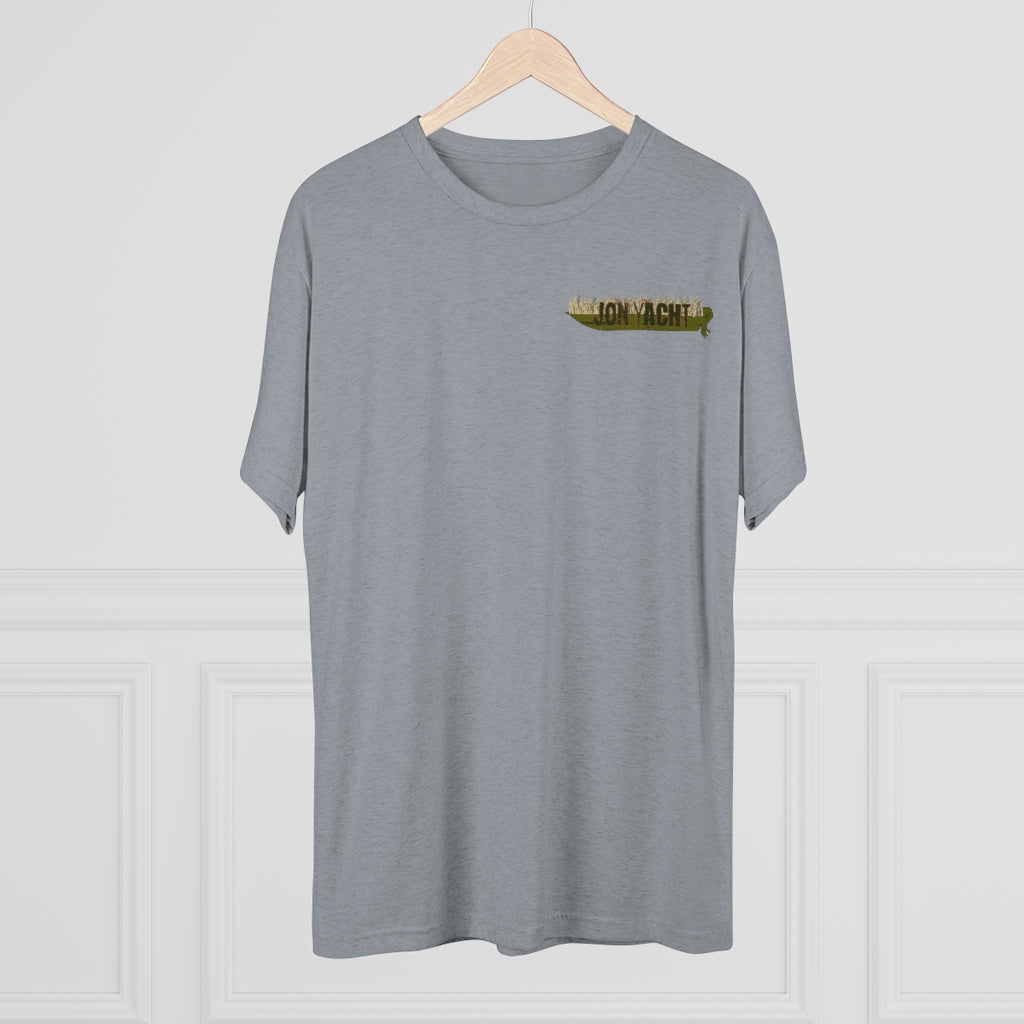 Heather gray tri-blend tee with "Old School Duck Yacht" graphic on left chest.