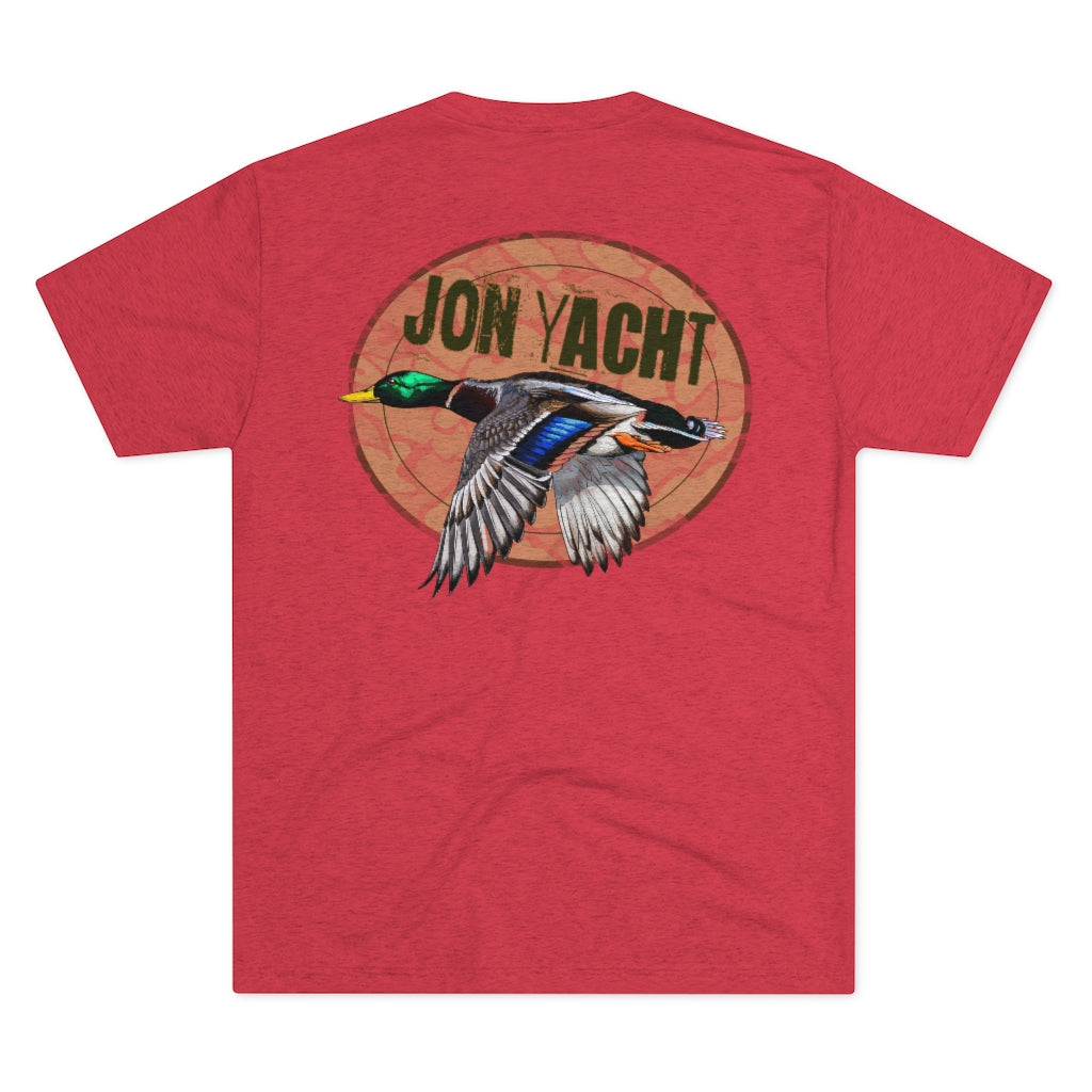 Red tri-blend tee with "Jon Yacht" logo and flying mallard duck graphic on back.
