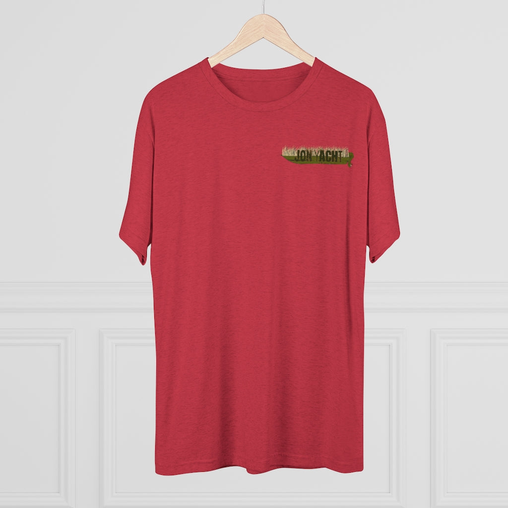 Red tri-blend regular fit tee with "JON YACHT" graphic on left chest.