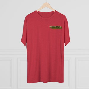 Red tri-blend regular fit tee with "JON YACHT" graphic on left chest.
