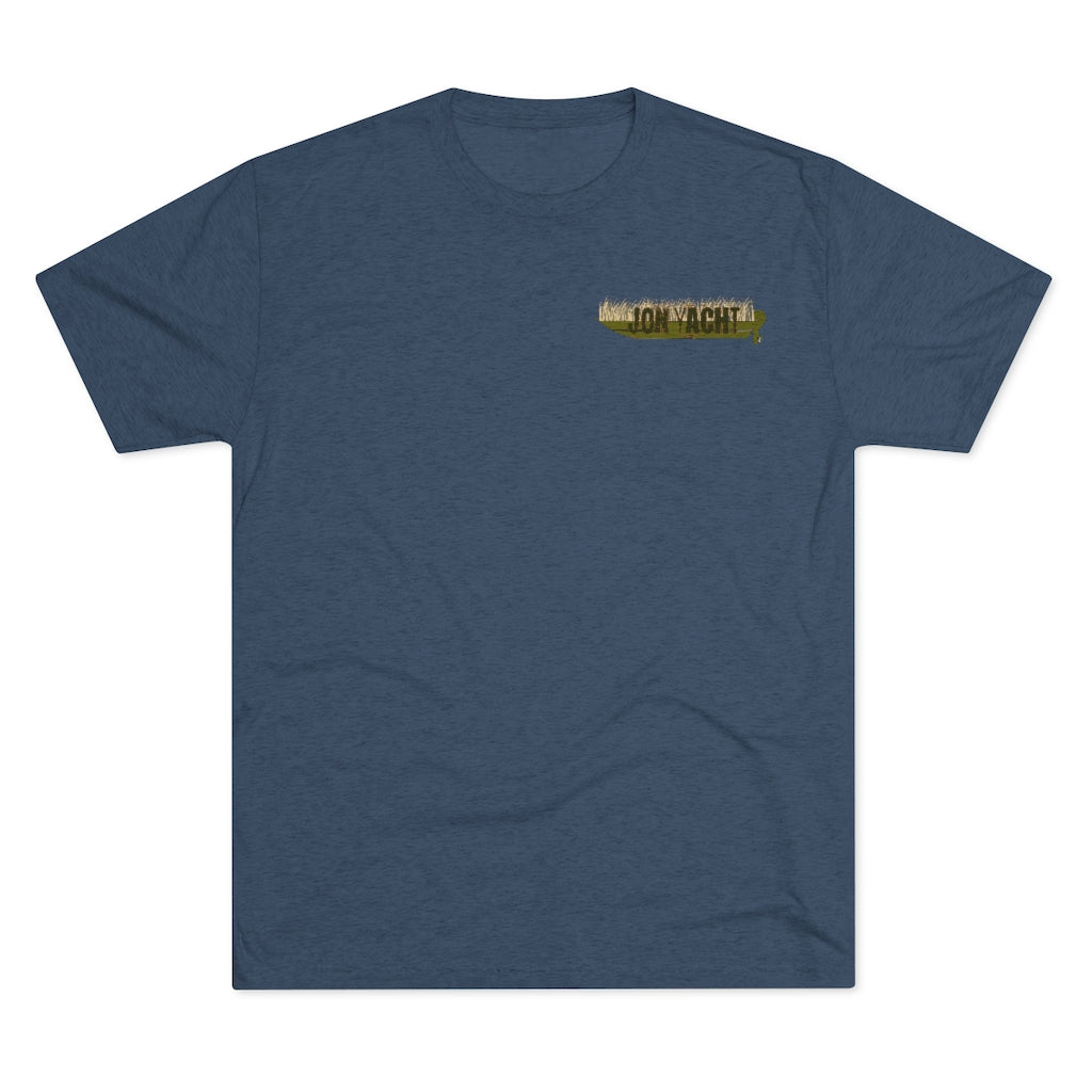 Heather navy tri-blend tee with "Old School Duck Yacht" graphic on the left chest.