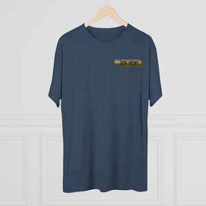 Navy tri-blend regular fit t-shirt with a small "JON YACHT" distressed graphic on the left chest.