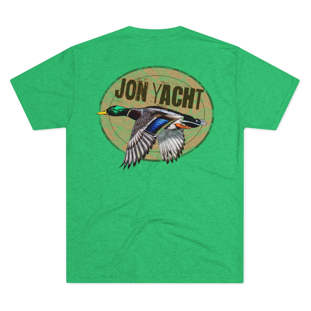 Green tri-blend regular fit tee with "Jon Yacht" logo and flying mallard duck graphic.