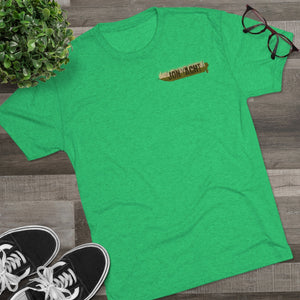 Green tri-blend regular fit tee with "Old School Duck Yacht" chest graphic, styled with glasses and sneakers.