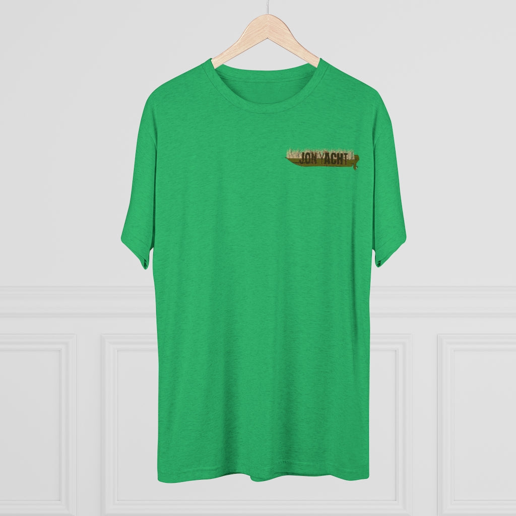 Green tri-blend regular fit tee with "JON YACHT" duck boat graphic on left chest.