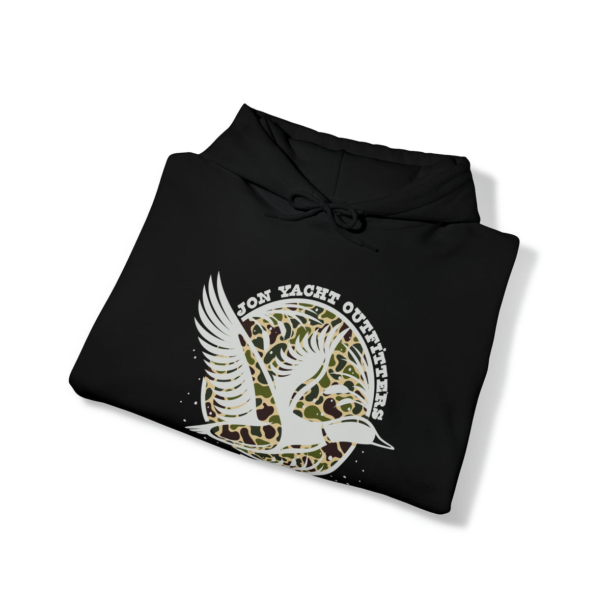 Black cotton-polyester hoodie with a white flying duck design over a camo circle, "Jon Yacht Outfitters" text.