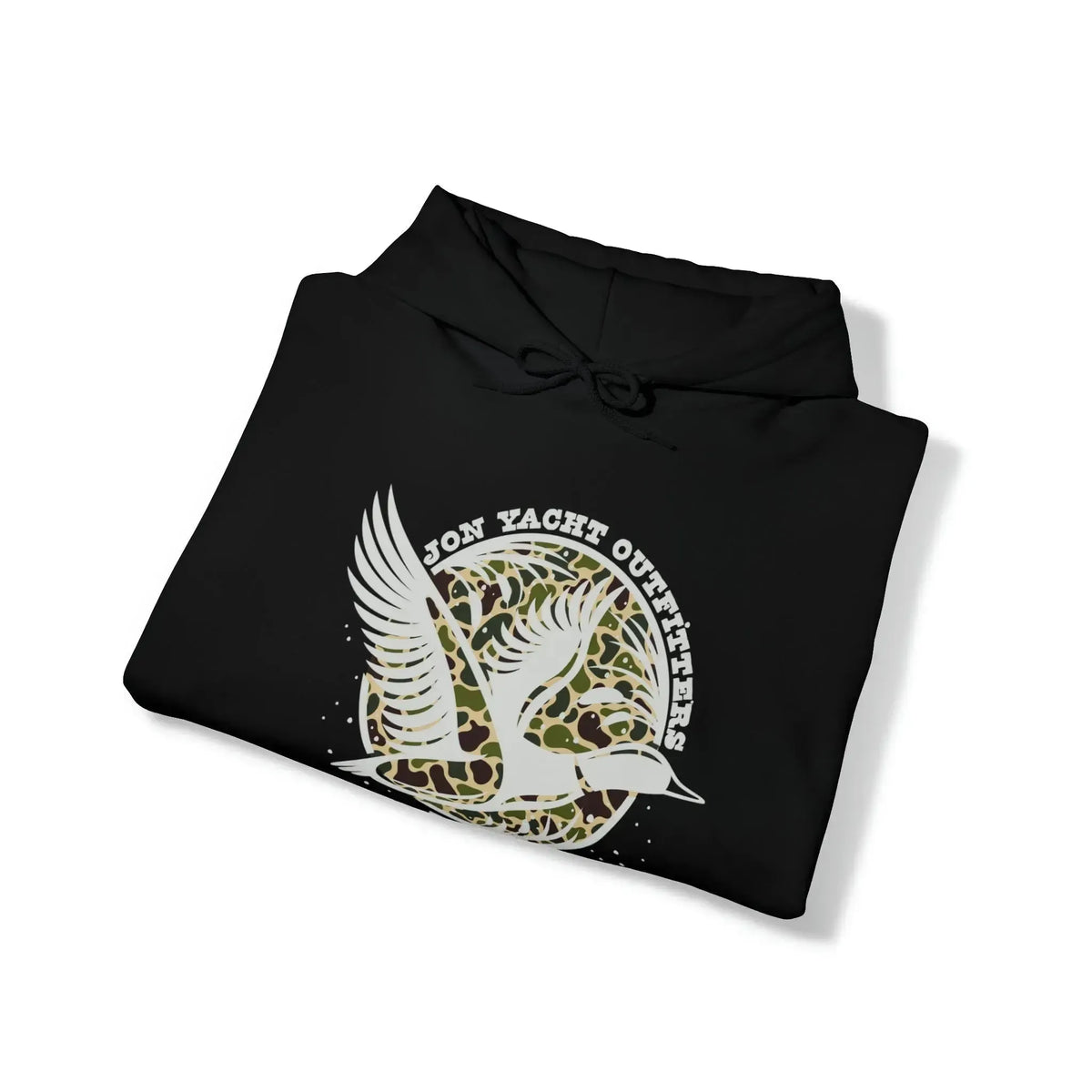 Black cotton-polyester hoodie with a white flying duck design over a camo circle, "Jon Yacht Outfitters" text.