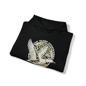 Black cotton-polyester hoodie with a white flying duck design over a camo circle, "Jon Yacht Outfitters" text.